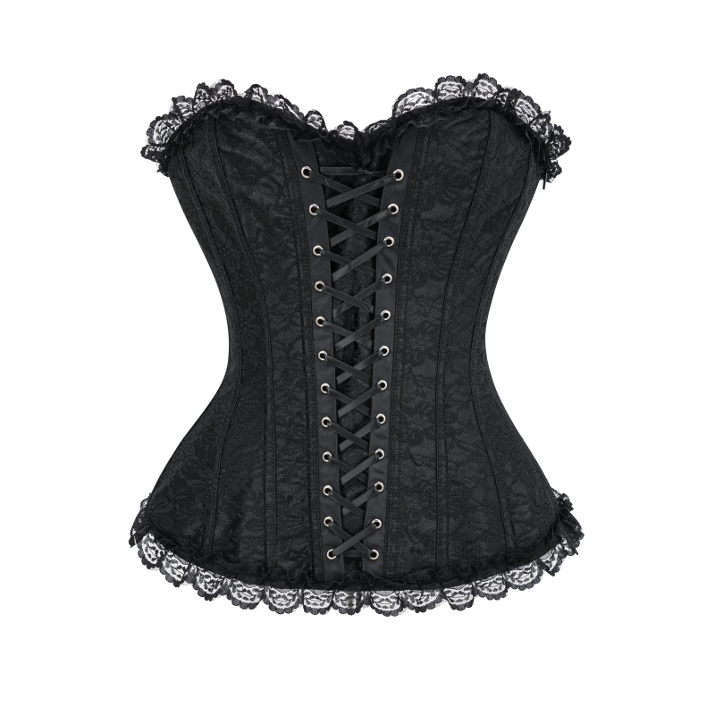Womens Gothic Lace-Up Overbust Corset with Floral Jacquard and Lace Trim